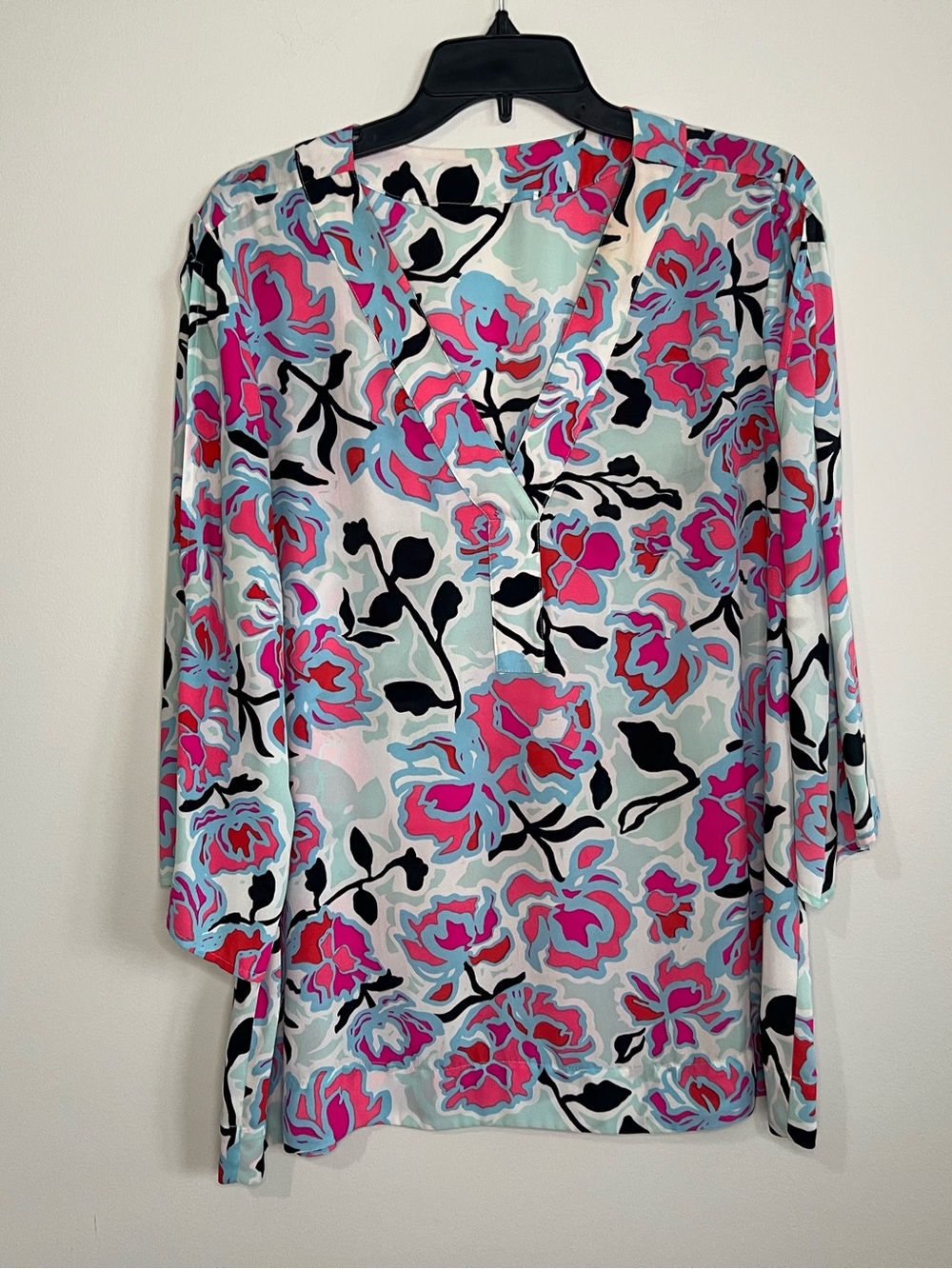 Chaus Floral V-Neck Blouse in Pink, Aqua & Black